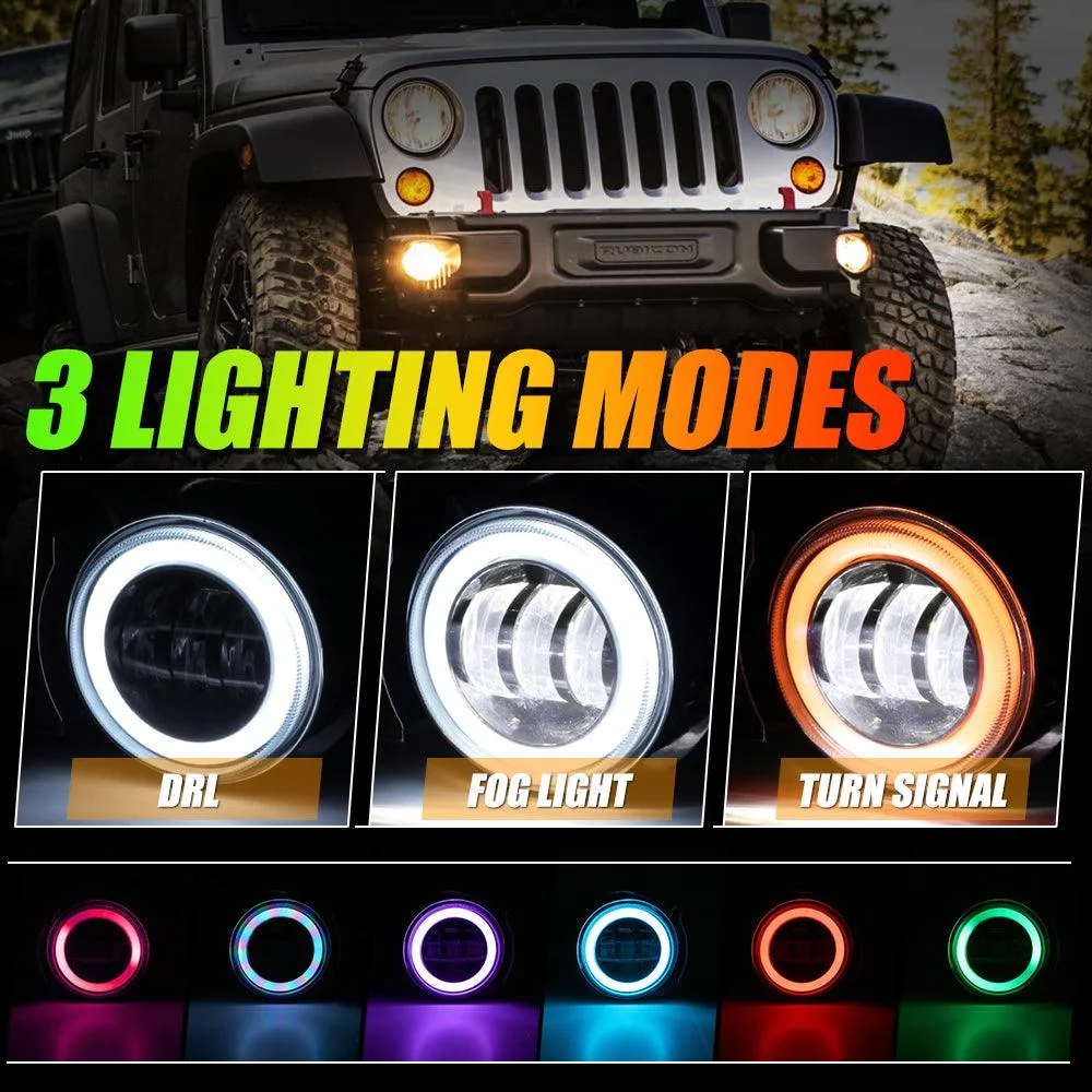 (2pcs/set) 4 Inch LED Fog Lights with RGB Halo Ring & Turn Signal Light, Bluetooth Control for Jeep Wrangler JK 2007-2017