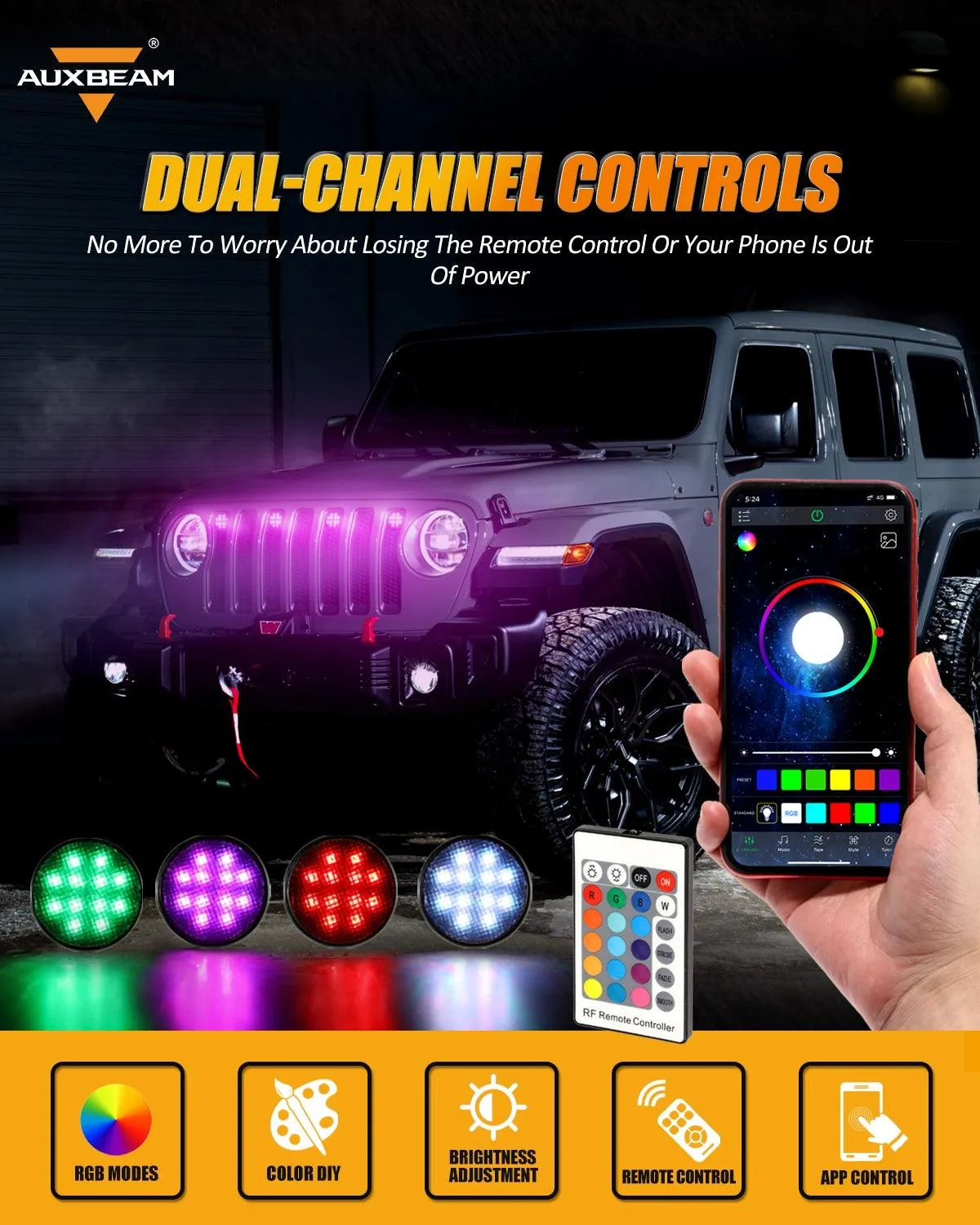 (4pcs/set) RGBW Neon LED Front Grille Lights with Wireless RF Remote Controller, Smartphone Bluetooth Controlled APP Compatible for 2007-2017 Wrangler JK