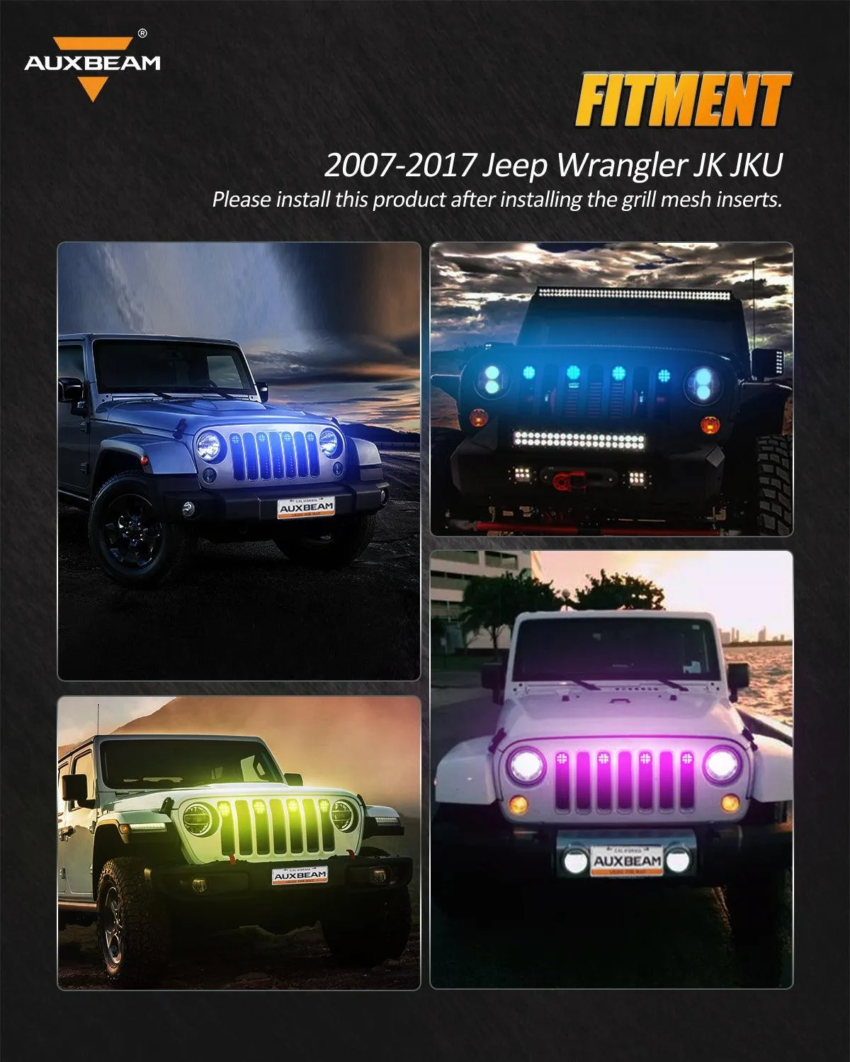 (4pcs/set) RGBW Neon LED Front Grille Lights with Wireless RF Remote Controller, Smartphone Bluetooth Controlled APP Compatible for 2007-2017 Wrangler JK