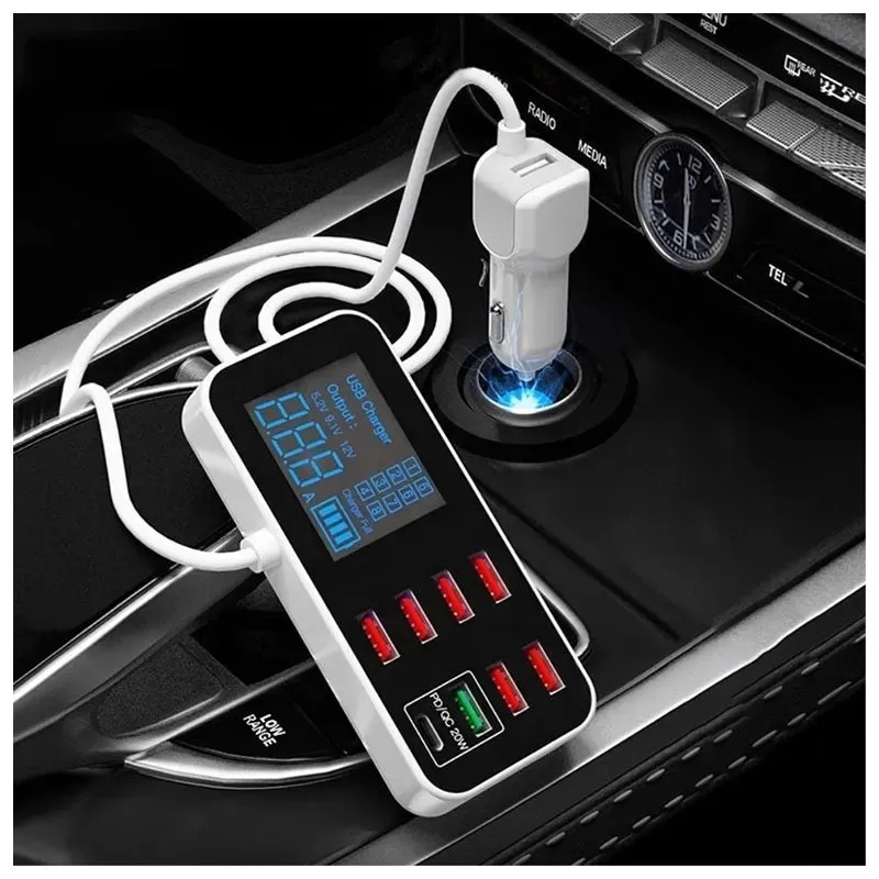 8-Port PD QC3.0 Car Charger with LED Display