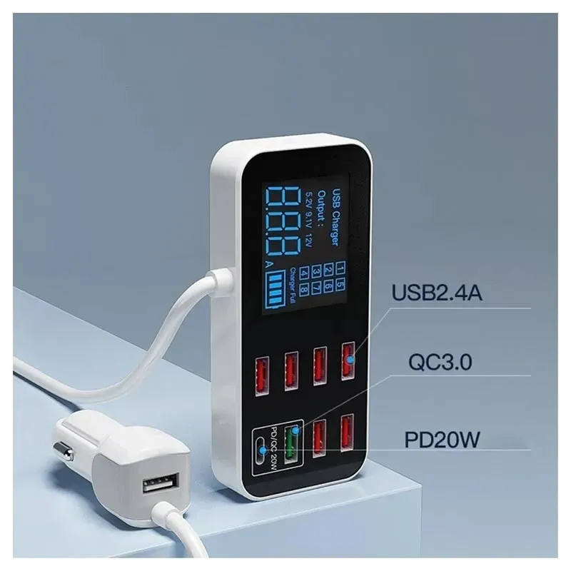 8-Port PD QC3.0 Car Charger with LED Display