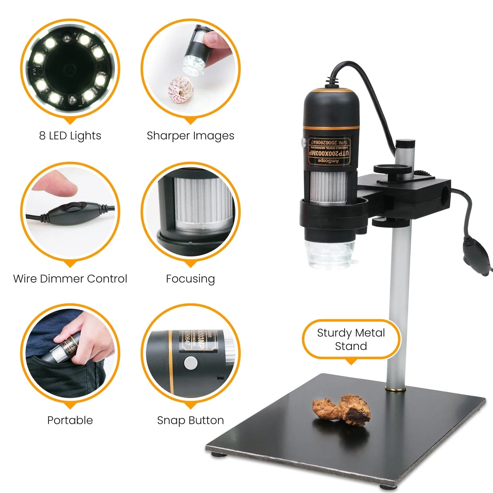 AmScope UTP Series Kid's 0.3MP USB Handheld Digital Microscope 10X-200X Magnification on Pillar Stand with Fossil Collecting Activity Kit