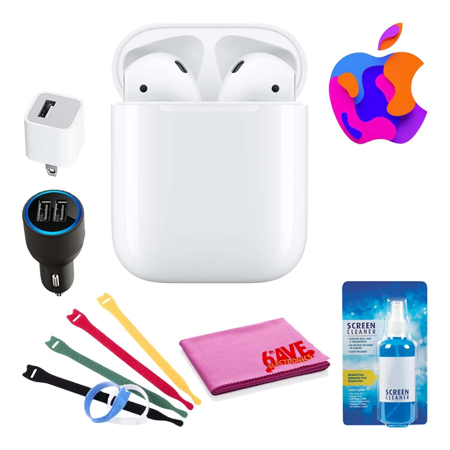 Apple AirPods with Charging Case (2nd Gen) Bundle with Velcro Cable Ties   USB Wall & Car Charger