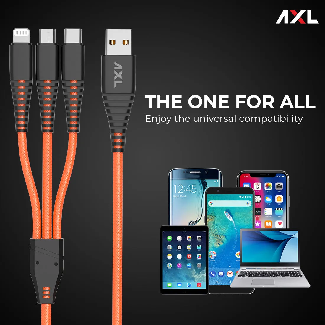 AXL ACB-60 Nylon Braided 3 in 1 Multifunction Charging Cable for Android, iOS and Type C Devices with 3A High Speed Charging – 1.2 Meter (Orange/Green/Blue/Grey)