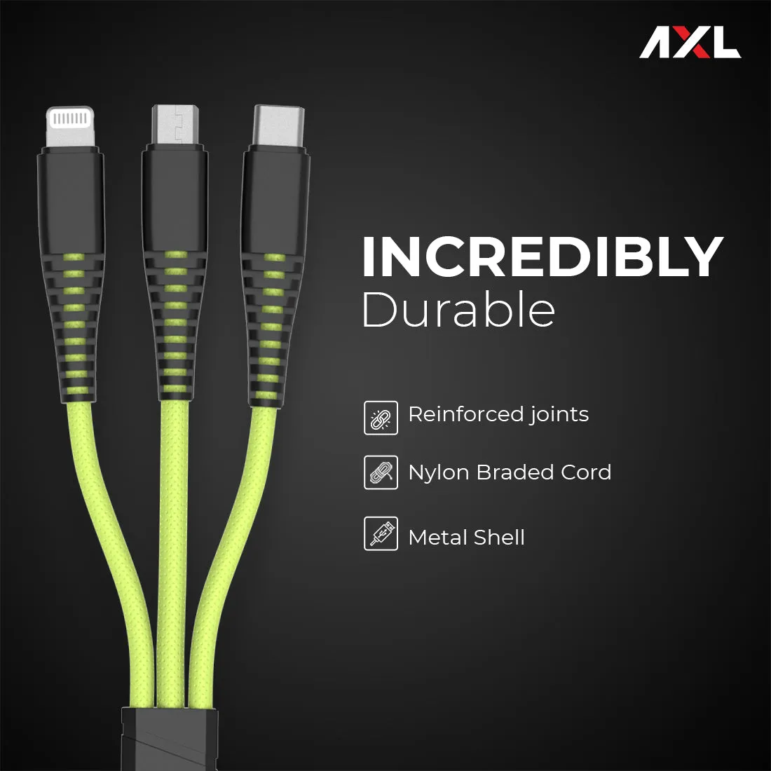 AXL ACB-60 Nylon Braided 3 in 1 Multifunction Charging Cable for Android, iOS and Type C Devices with 3A High Speed Charging – 1.2 Meter (Orange/Green/Blue/Grey)