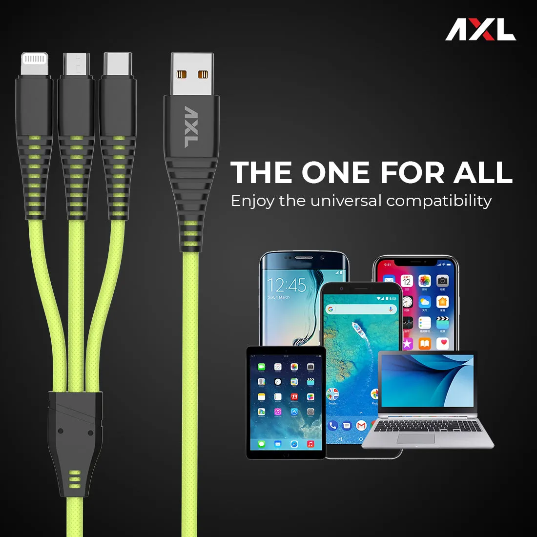 AXL ACB-60 Nylon Braided 3 in 1 Multifunction Charging Cable for Android, iOS and Type C Devices with 3A High Speed Charging – 1.2 Meter (Orange/Green/Blue/Grey)