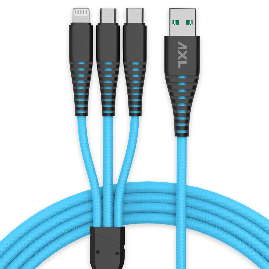 AXL ACB-60 Nylon Braided 3 in 1 Multifunction Charging Cable for Android, iOS and Type C Devices with 3A High Speed Charging – 1.2 Meter (Orange/Green/Blue/Grey)