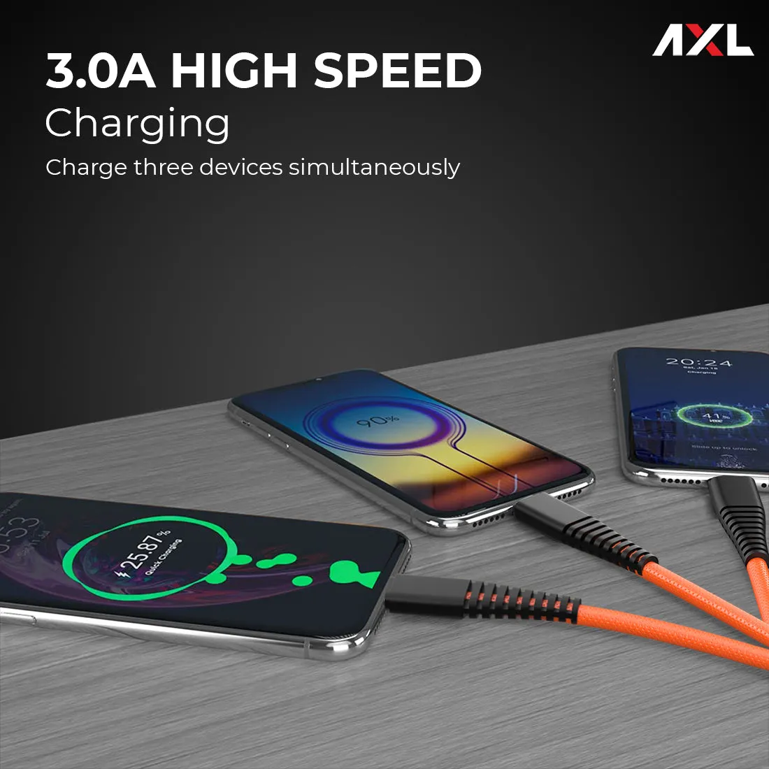 AXL ACB-60 Nylon Braided 3 in 1 Multifunction Charging Cable for Android, iOS and Type C Devices with 3A High Speed Charging – 1.2 Meter (Orange/Green/Blue/Grey)