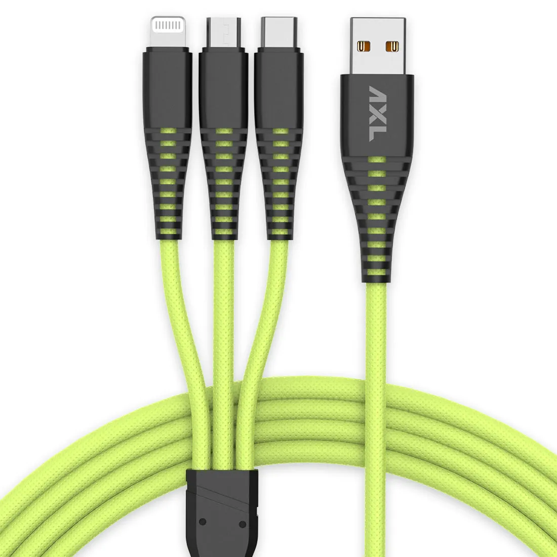 AXL ACB-60 Nylon Braided 3 in 1 Multifunction Charging Cable for Android, iOS and Type C Devices with 3A High Speed Charging – 1.2 Meter (Orange/Green/Blue/Grey)