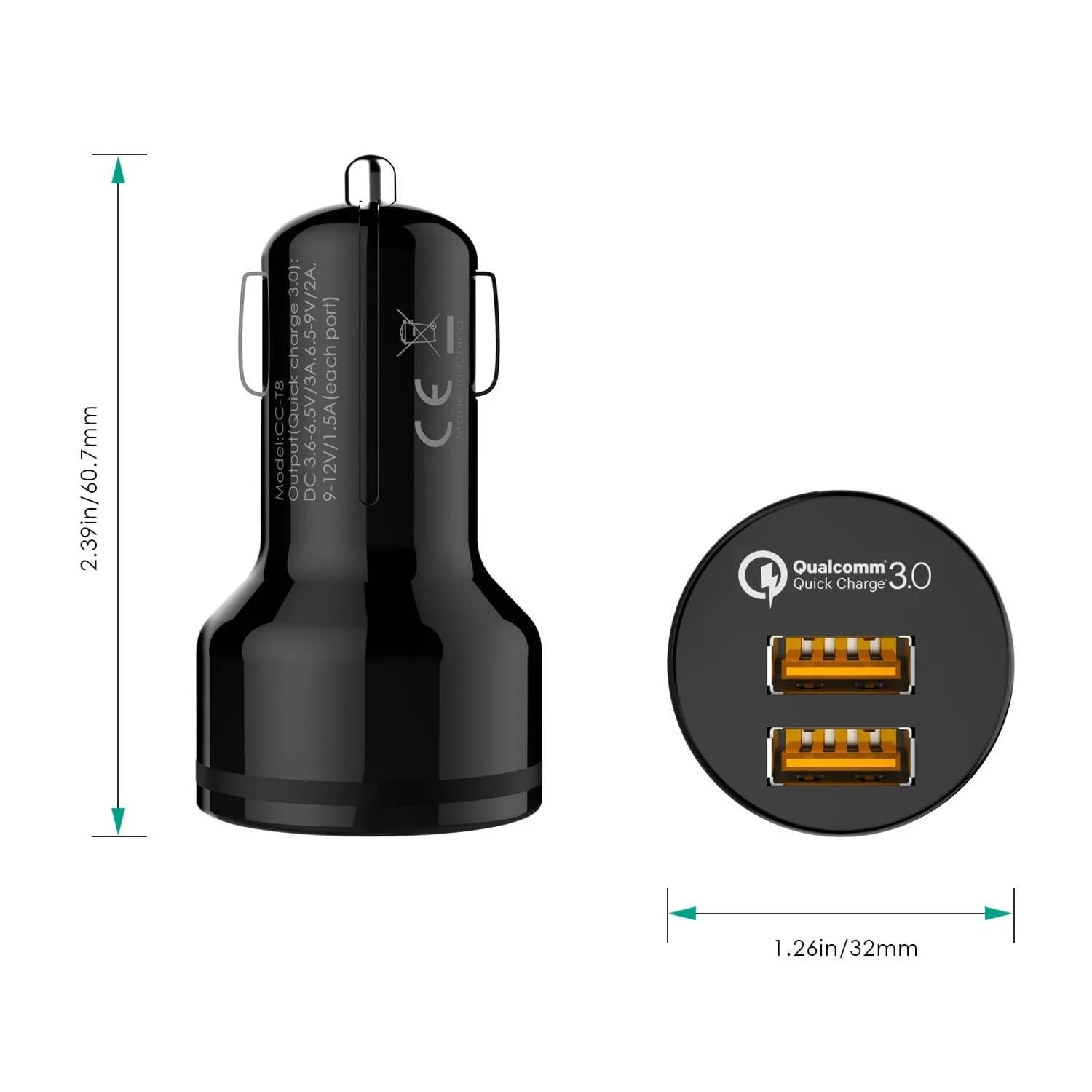 CC-T8 36W Dual Port Qualcomm Quick Charge 3.0 Car Charger