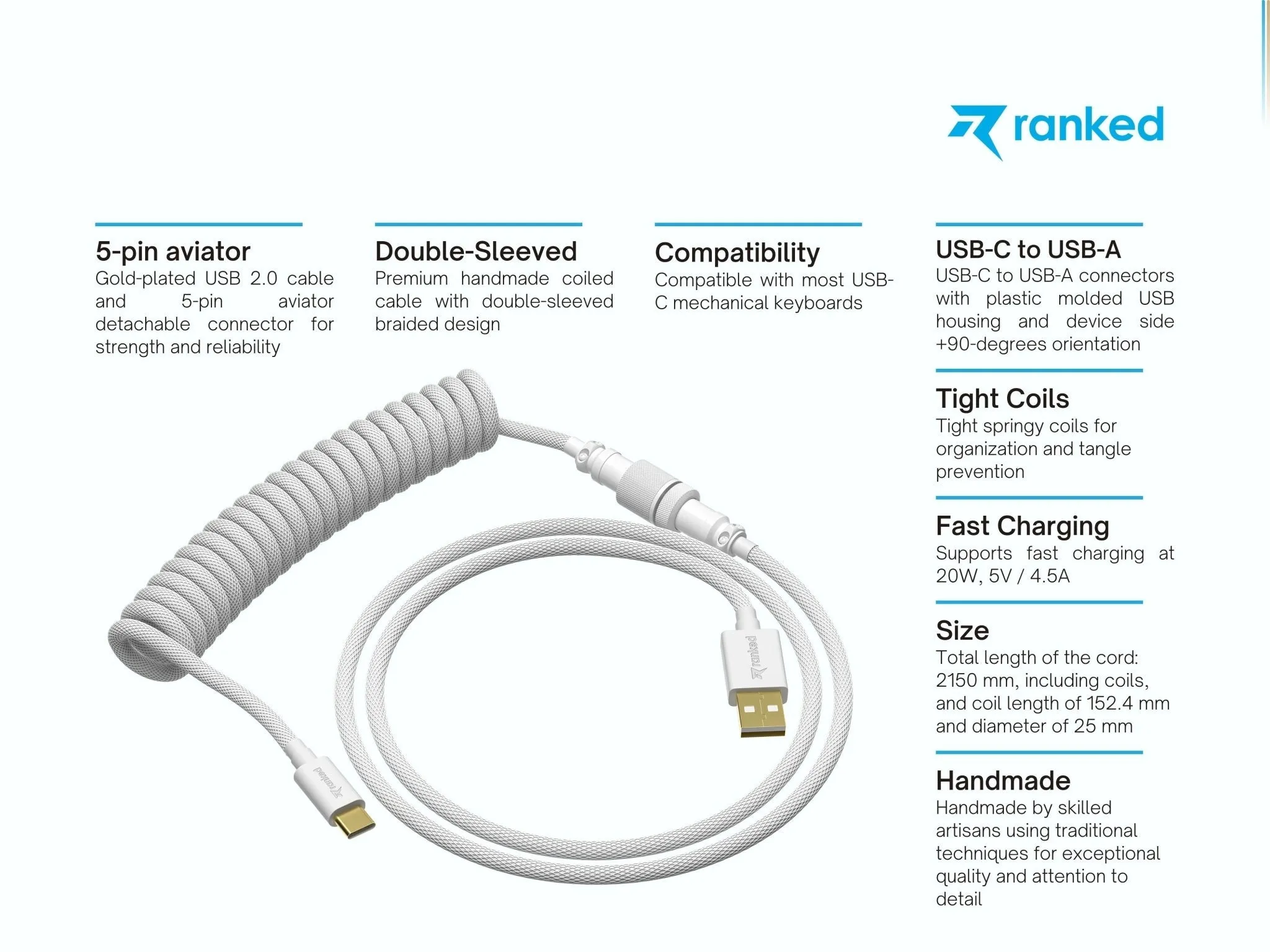 Coiled Keyboard Cable | 5-Pin Aviator Connector