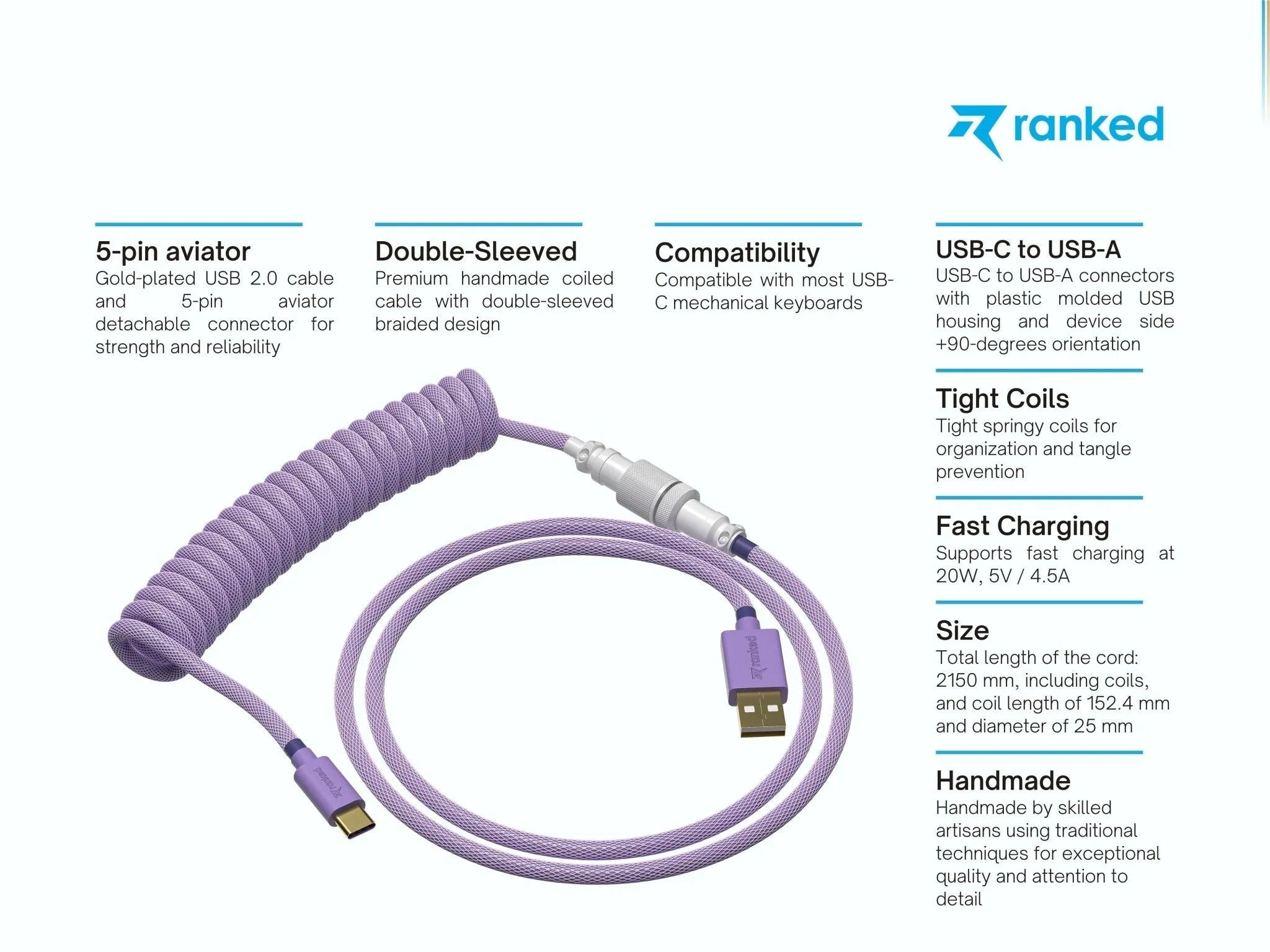 Coiled Keyboard Cable | 5-Pin Aviator Connector