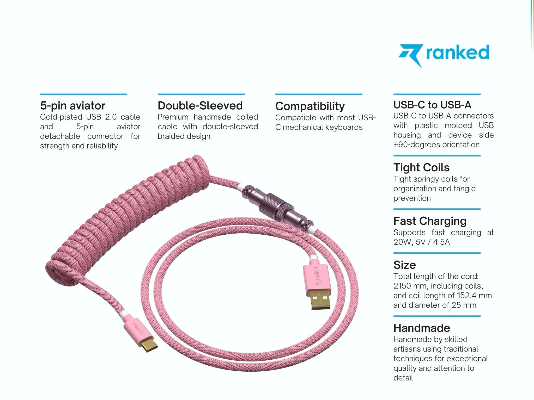 Coiled Keyboard Cable | 5-Pin Aviator Connector