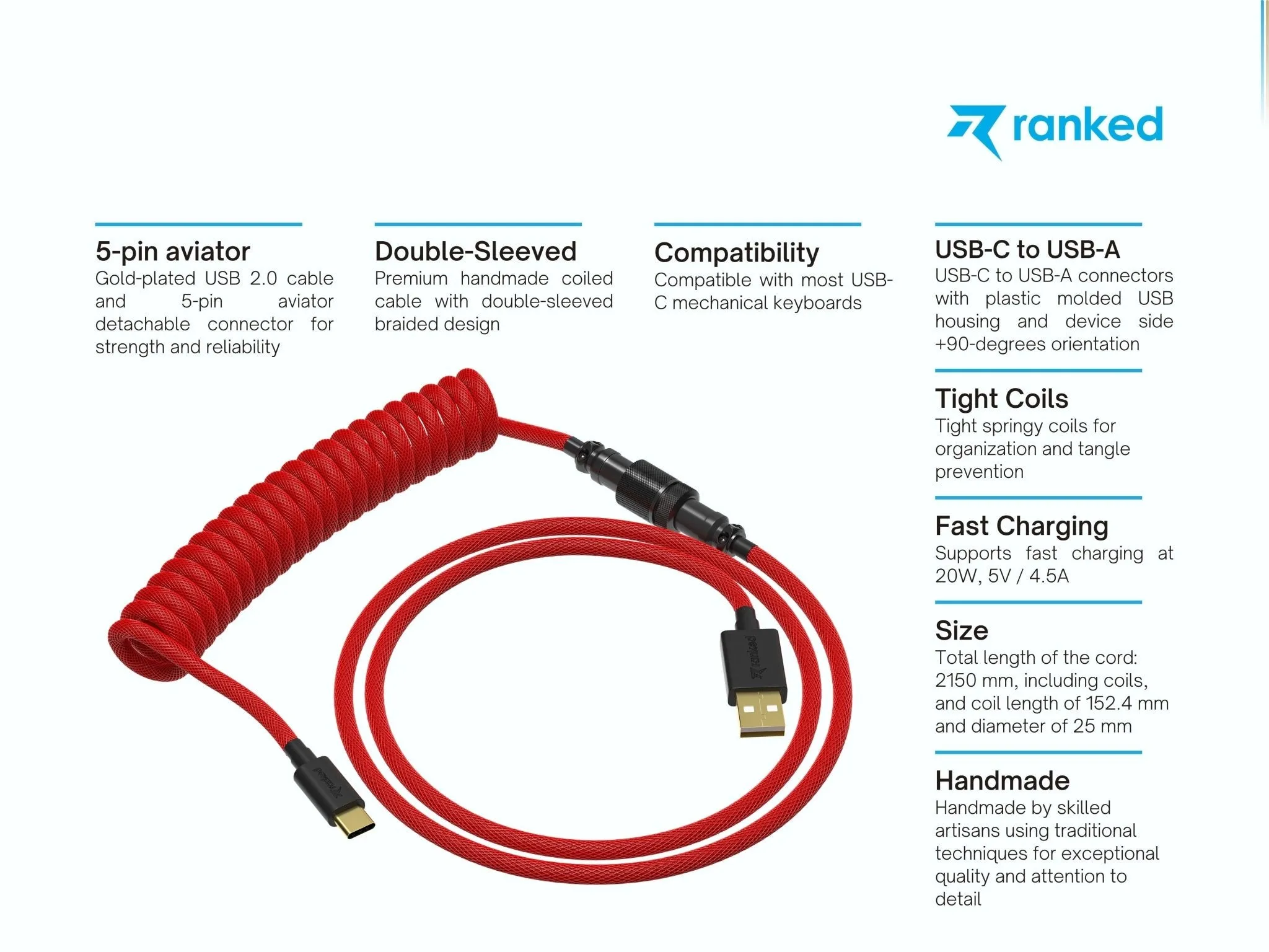 Coiled Keyboard Cable | 5-Pin Aviator Connector