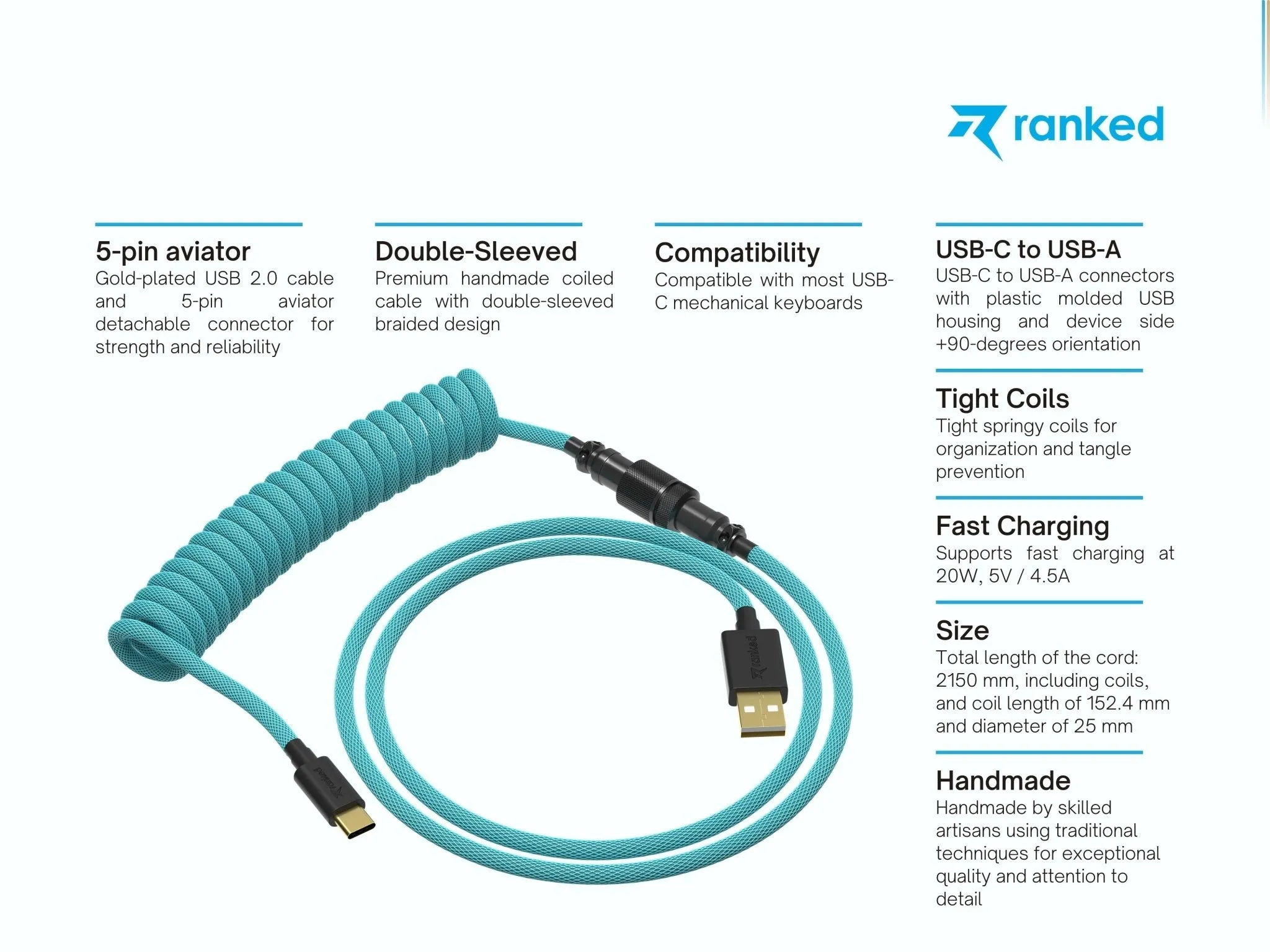 Coiled Keyboard Cable | 5-Pin Aviator Connector