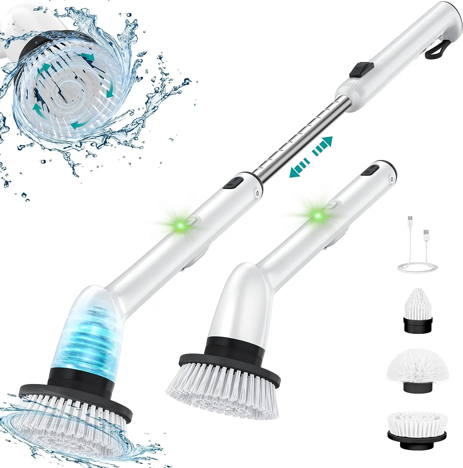 Electric Spin Scrubber, IPX7 Waterproof Cordless Cleaning Brush with 3 Brush Heads, Adjustable Extension Handle- HM708