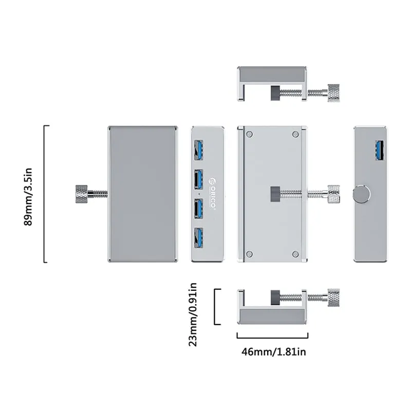 Orico 4 Port Usb3.0 Clip-On Usb Hub | 4X Usb3.0| Aluminium