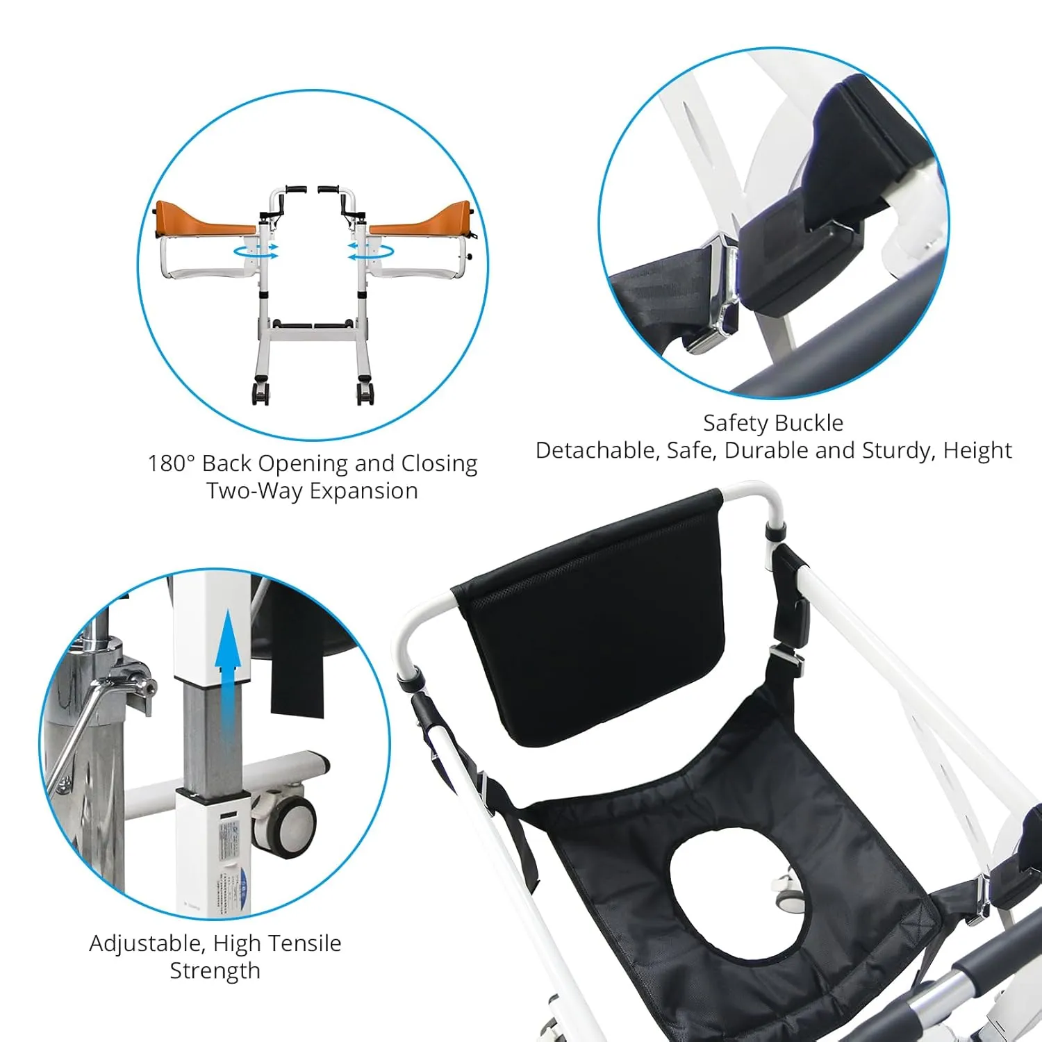 Portable 180° Split Seat Patient Lift Transfer Chair | Hoyer Lifts for Home & Bathroom Use | Hydraulic Elderly Bedside Commode Chair with Potty