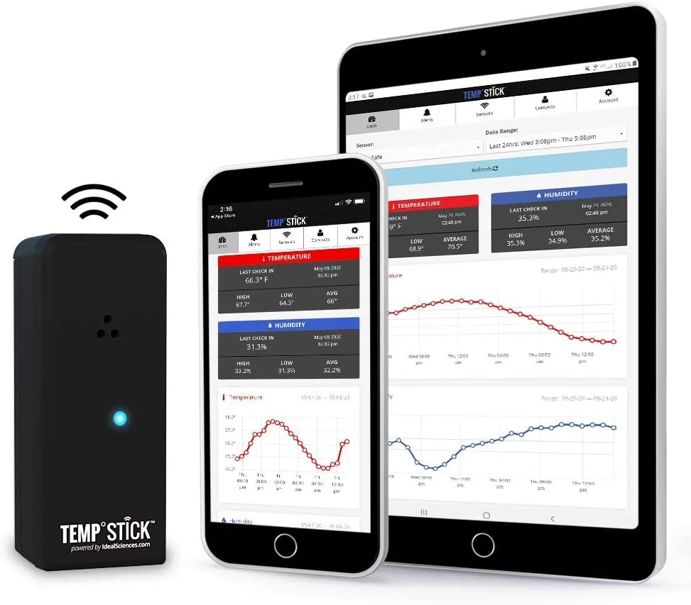 Temp Stick Wireless Remote WiFi Temperature & Humidity Sensor. No Subscription or Monthly Fees. 24/7 Monitoring, Alerts & History. Free iPhone/Android Apps, Made In America. Monitor Anywhere, Anytime!