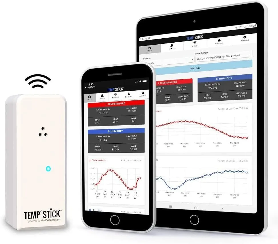 Temp Stick Wireless Remote WiFi Temperature & Humidity Sensor. No Subscription or Monthly Fees. 24/7 Monitoring, Alerts & History. Free iPhone/Android Apps, Made In America. Monitor Anywhere, Anytime!