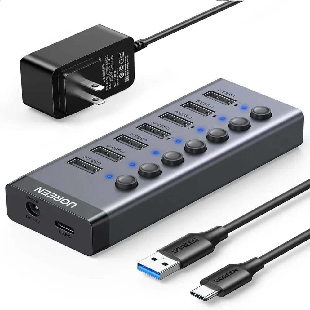 UGREEN 7 Port USB 3.0 Hub(EU) With Independent Switch and 24W Power Supply (12 V/2 A) for Charging and Data Transfer,Compatible with MacBook, Surface Pro7,Notebook and Other Laptops (90307)