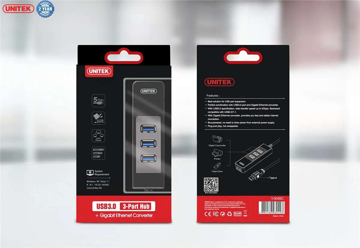 Unitek Y-3045C USB3.0 3-Port Hub w/ Gigabit LAN