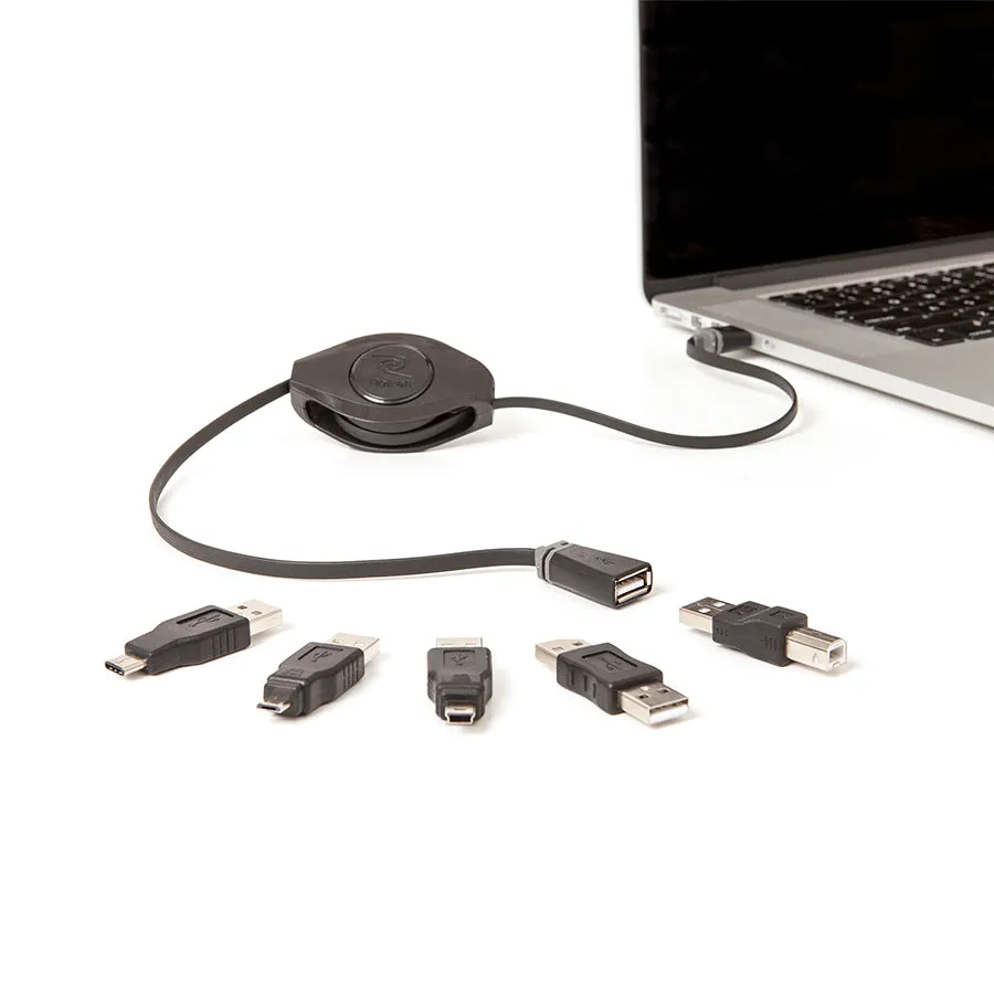 Universal USB Extension Cord | USB B, Micro 5, Mini 5, USB Male to Male, and USB-C | Retractable Cable