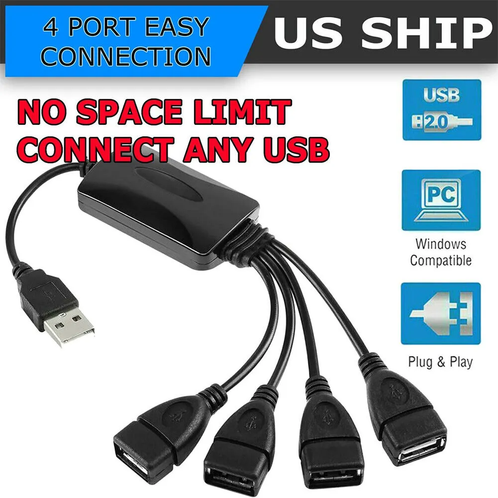 US 2-4 Pack 4-Port USB 2.0 HUB USB Splitter Laptop Notebook High Speed Computer