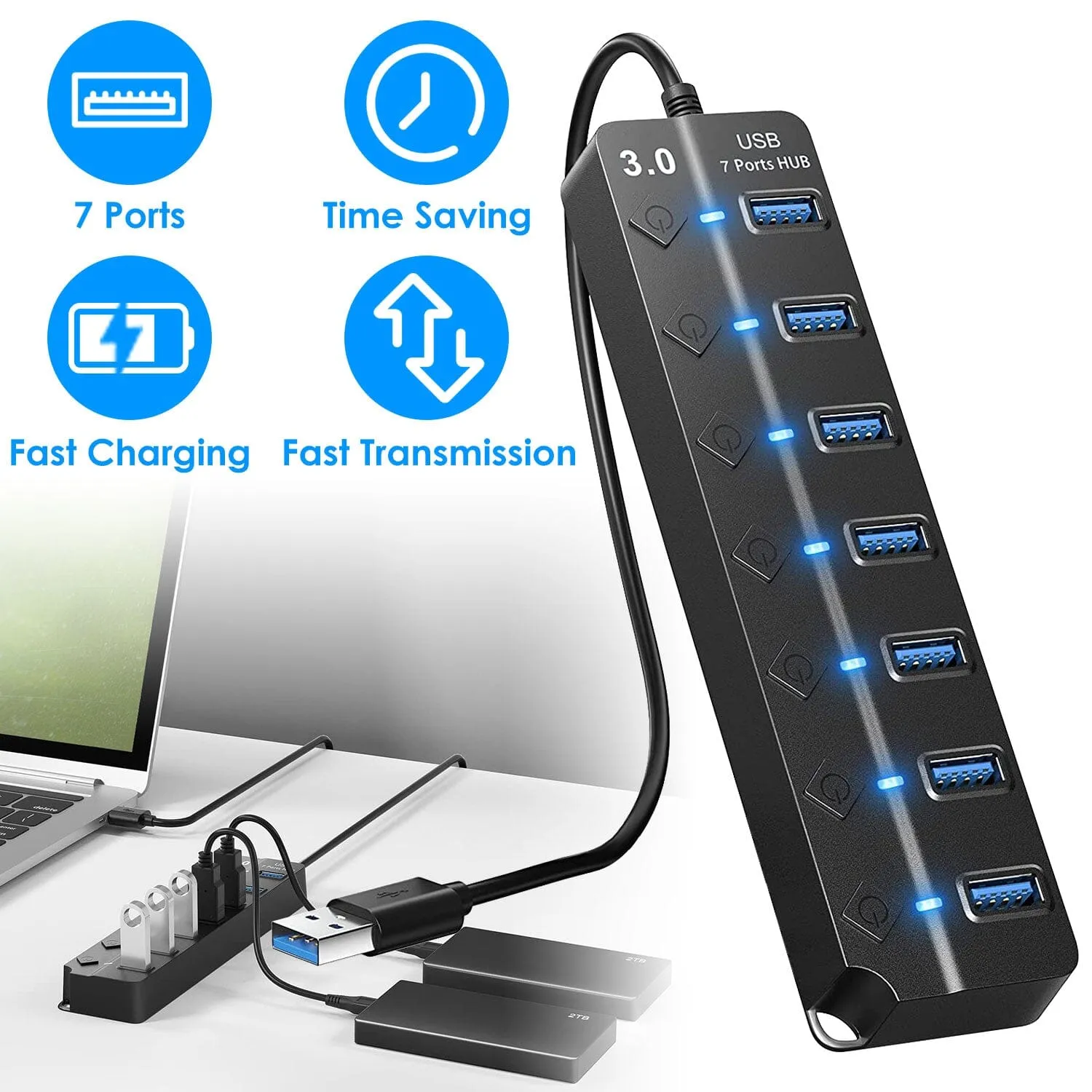 USB 3.0 HUB 7 Ports High Speed 5Gbps USB Splitter