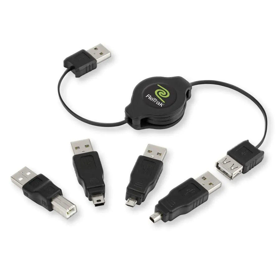 USB Universal Extension Cable | 3 Adapters - USB B, Micro 5, and Mini 5 | Retractable Cable